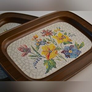 Vintage Brown Floral Metal Snack Small Serving Trays Lot of 6
